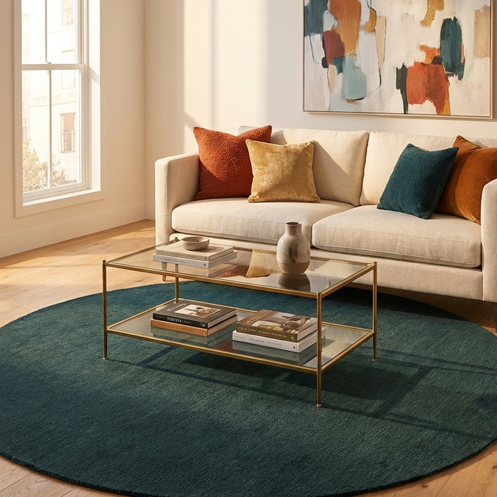 Teal blue round wool rug in modern living room