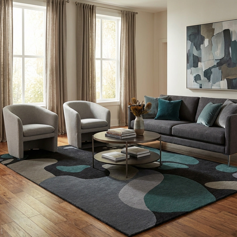 Stone Abstract Wool Rug hand-tufted in New Zealand wool with charcoal, teal and grey organic abstract pattern.