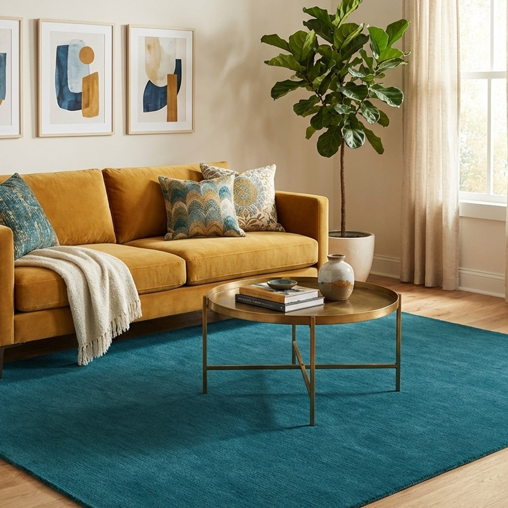blue wool rug in living room