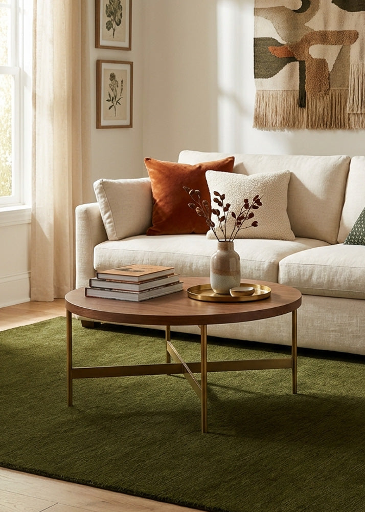 Dark olive green wool rug in living room