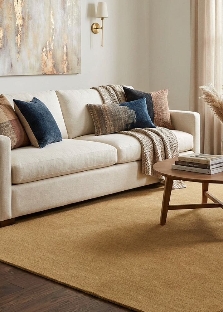 Camel beige wool rug in living room