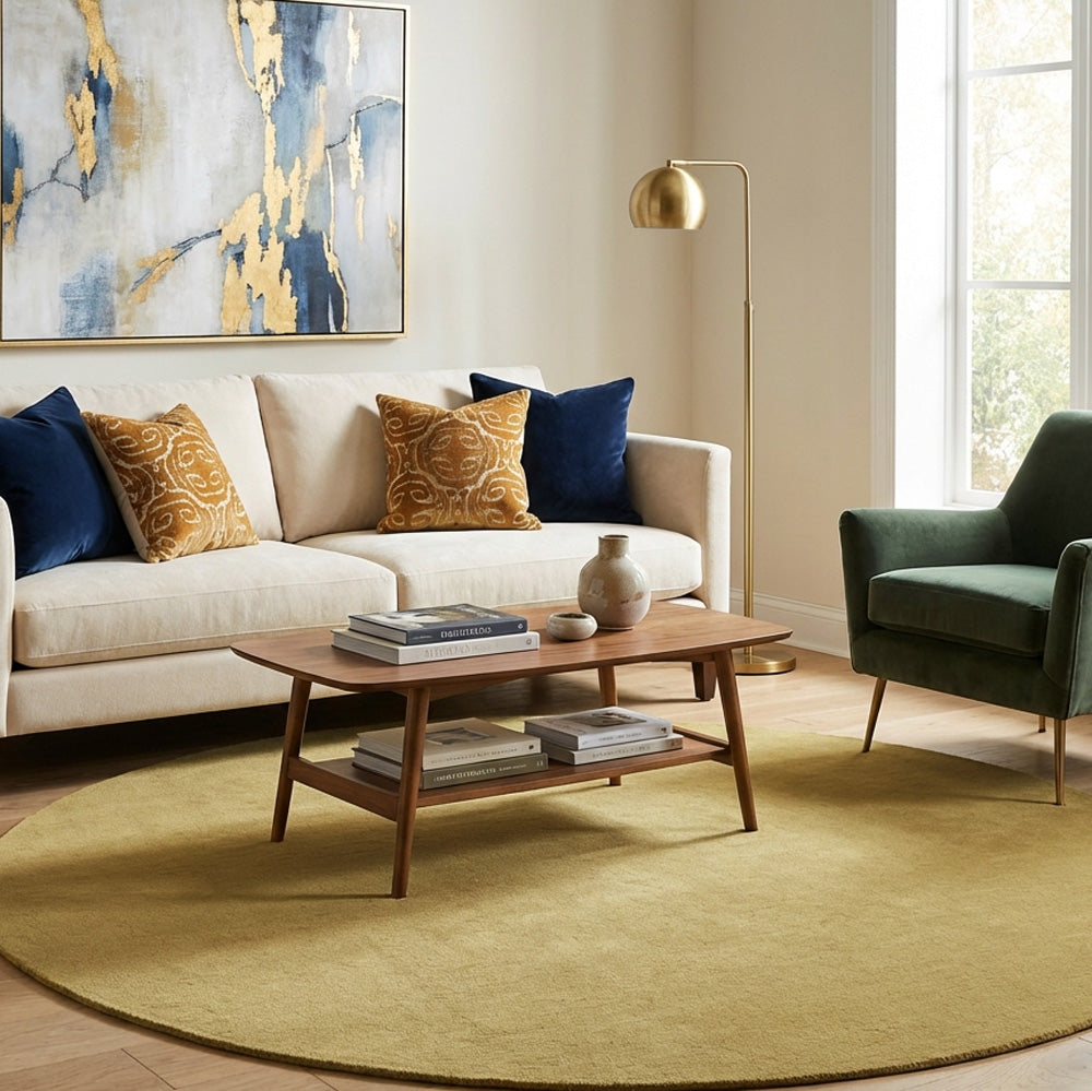 Khaki round wool rug in modern living room