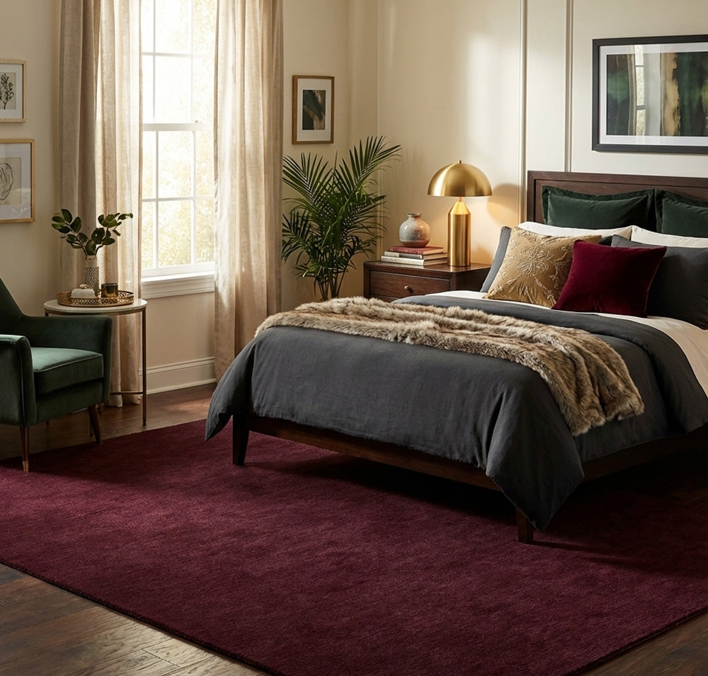 red wool rug in classic bedroom
