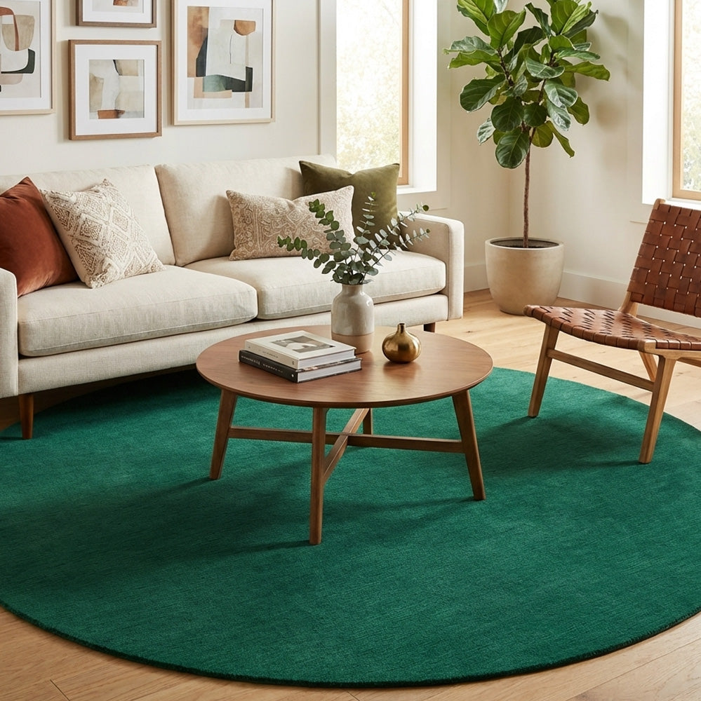 Teel green round wool rug in modern wool rug