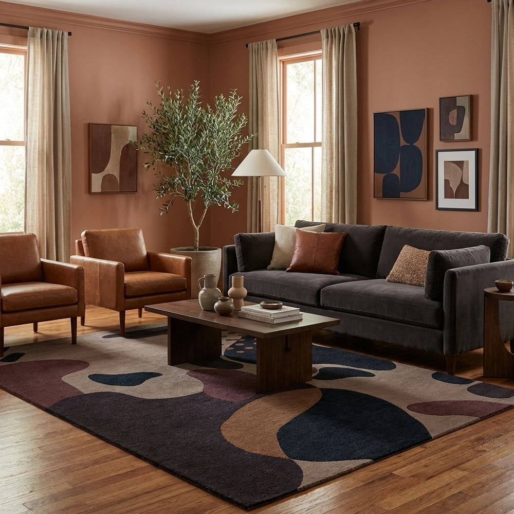 Stone Abstract Wool Rug hand-tufted in New Zealand wool with taupe, beige, deep navy, plum, mauve and cocoa organic abstract pattern.