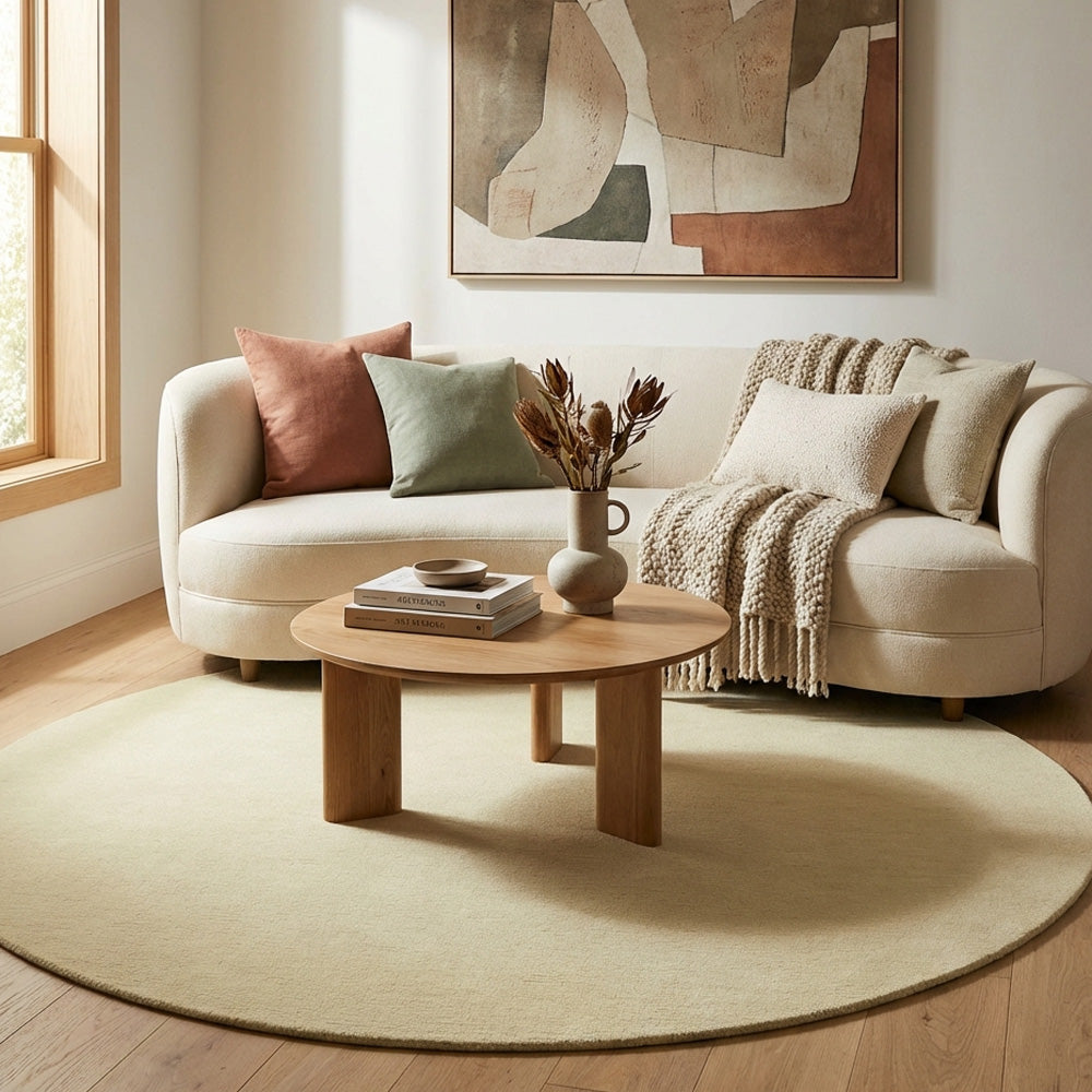 Cream round wool rug in modern living room