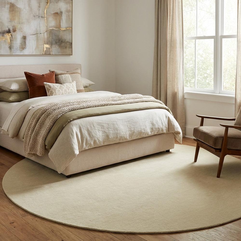 Hand tufted off white round wool rug in bedroom