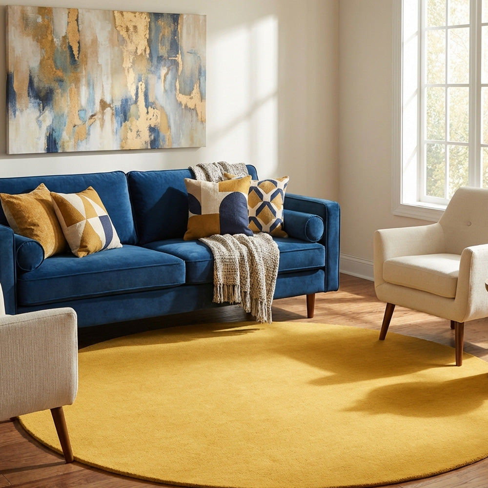 Turmeric yellow round wool rug in living room