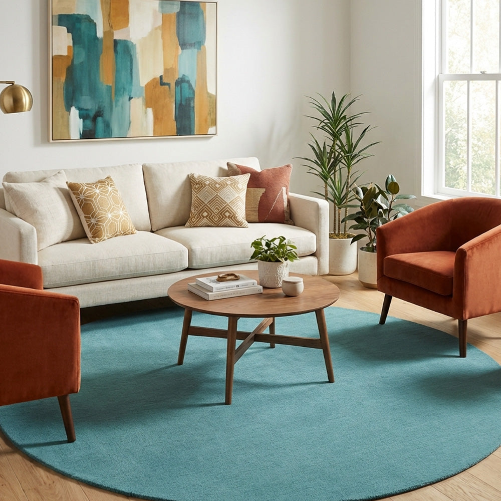 Blue round wool rug in living room
