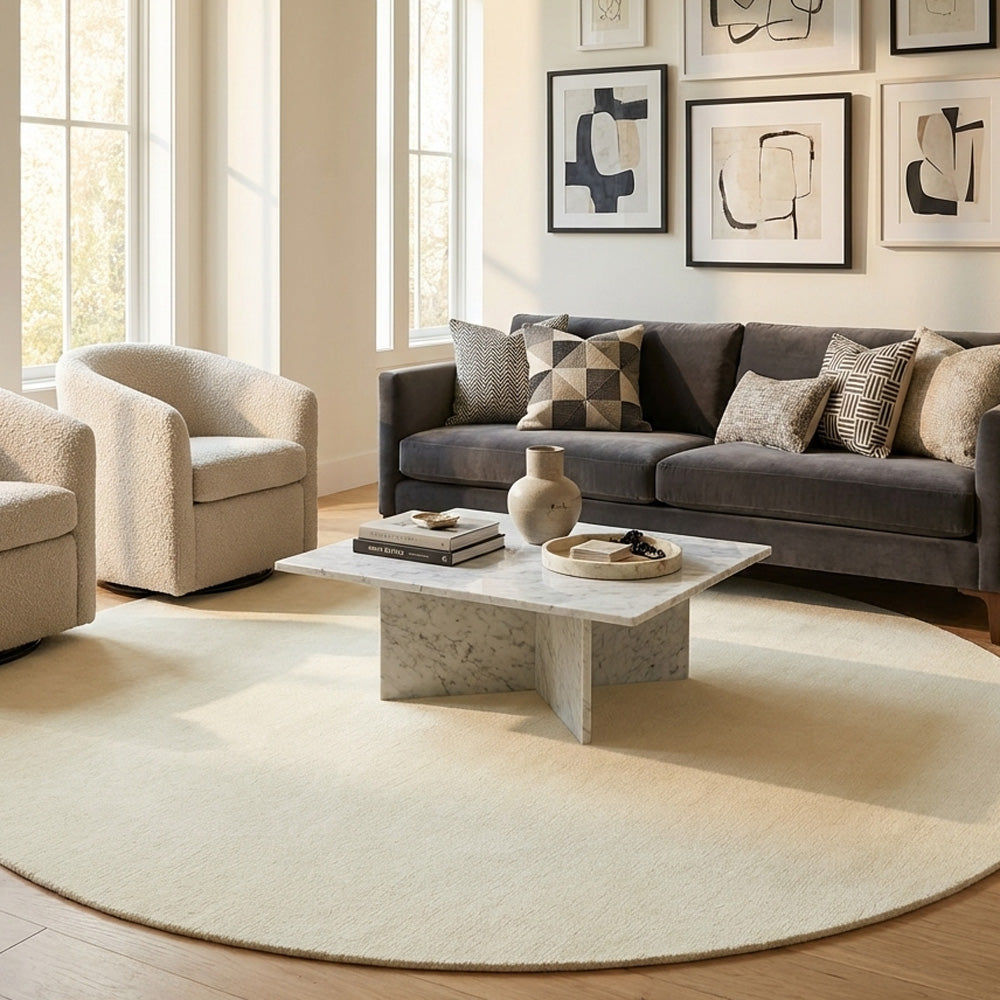 Hand tufted off white round wool rug in modern style living room