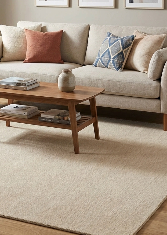 Hand tufted cream wool rug in modern living room