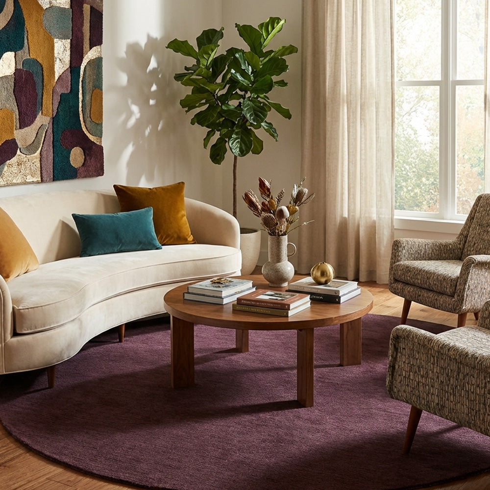 Purple maroon round wool rug in modern living room