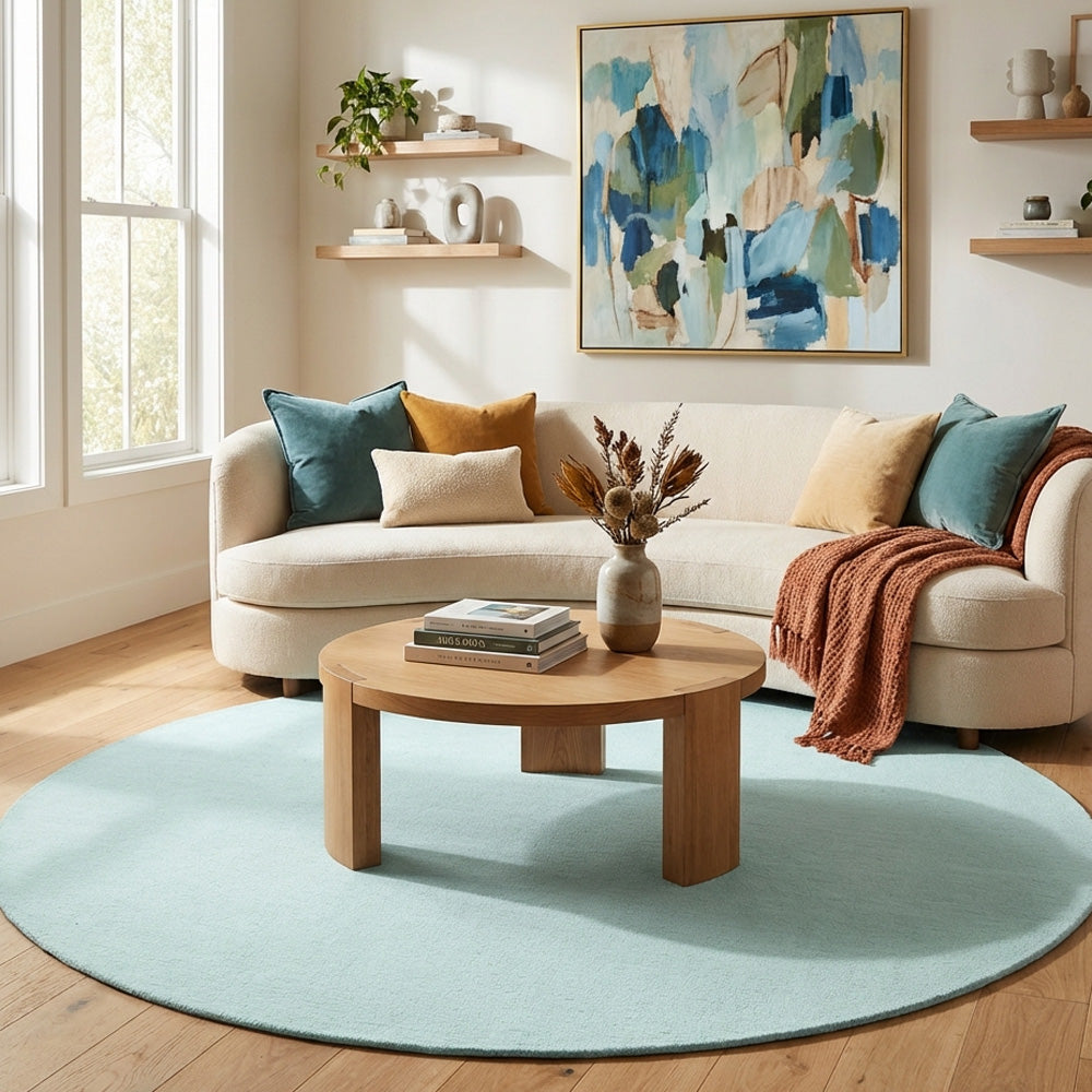 Light blue round wool rug in modern living room