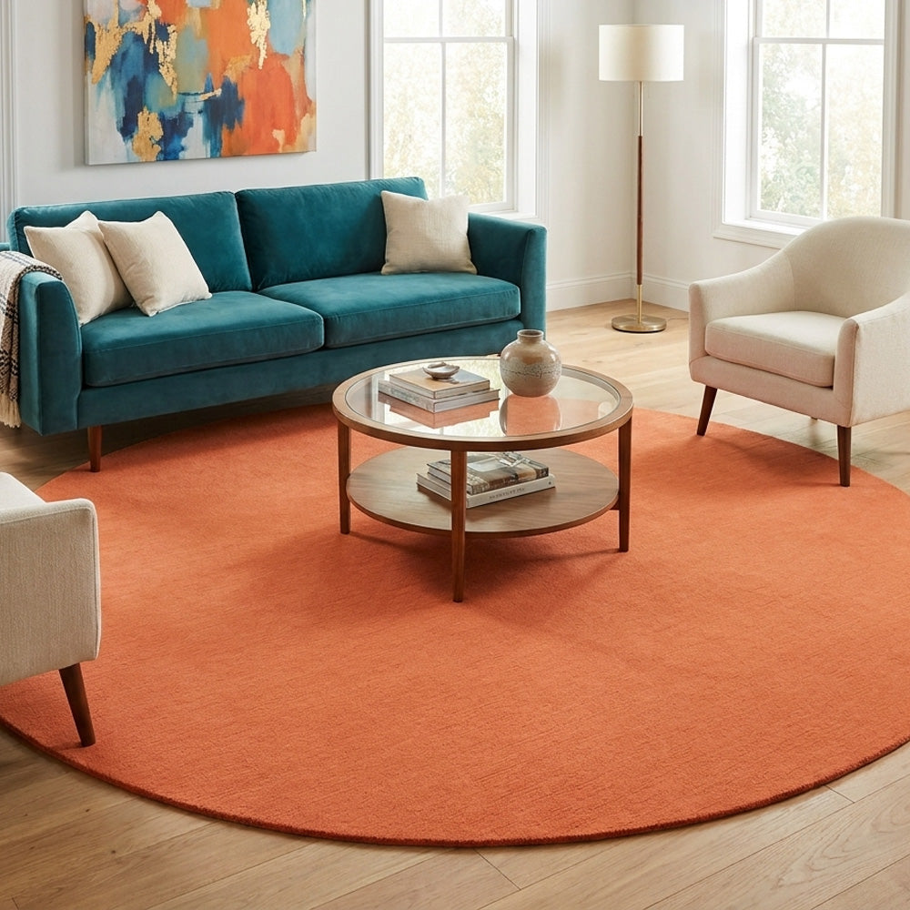 Orange round wool rug in modern living room