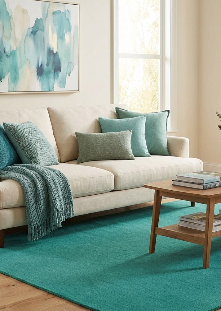 Teal green wool rug in living room