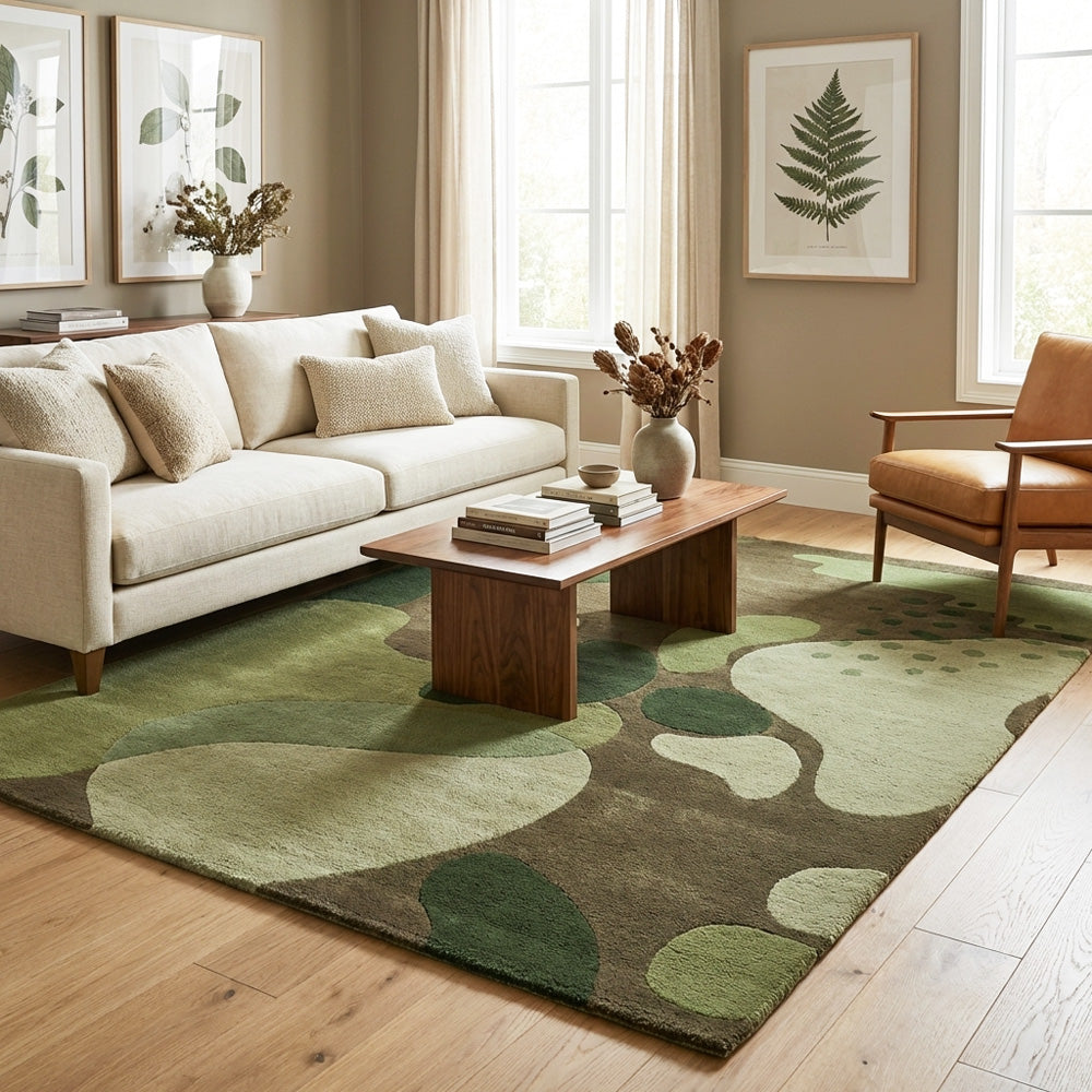 Stone Abstract Wool Rug hand-tufted in New Zealand wool with moss green, sage, olive and soft neutral organic abstract pattern