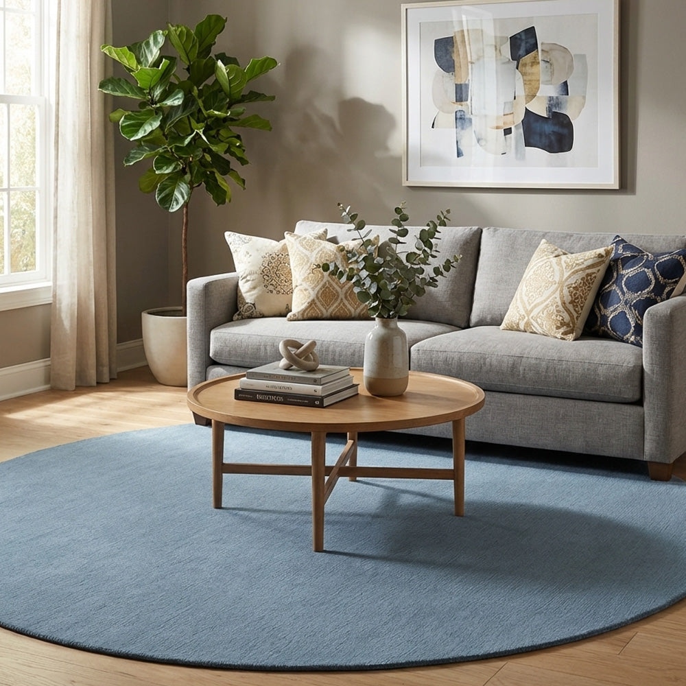 round blue wool rug in modern living room