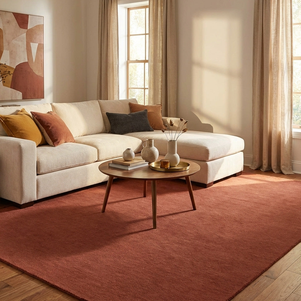 orange wool rug in modern living room