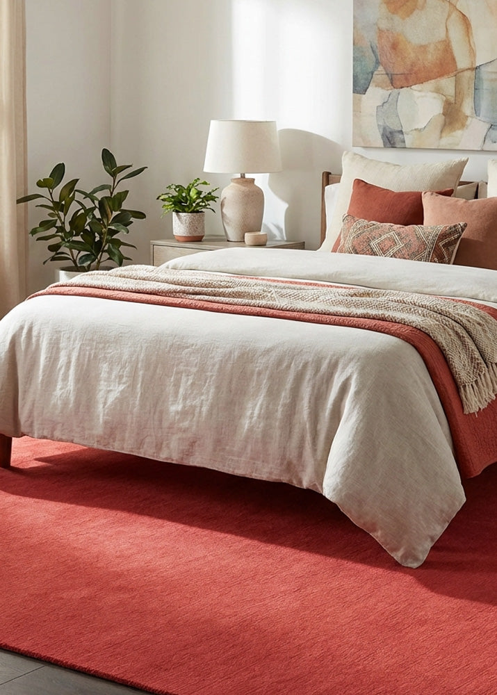 Red wool rug in modern bedroom