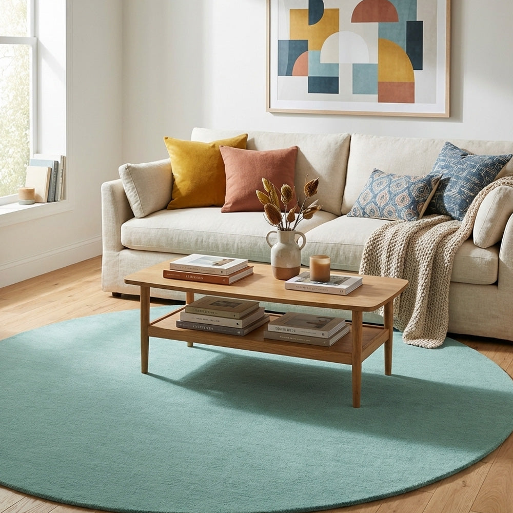 round tufted wool rug in living room