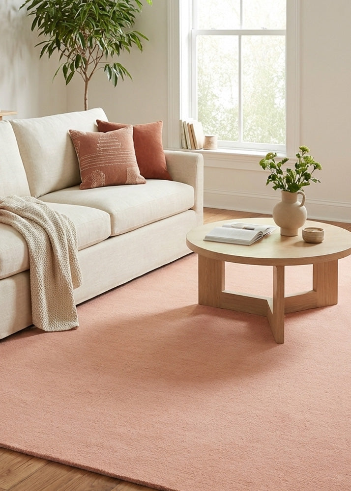 Baby pink wool rug in modern living room