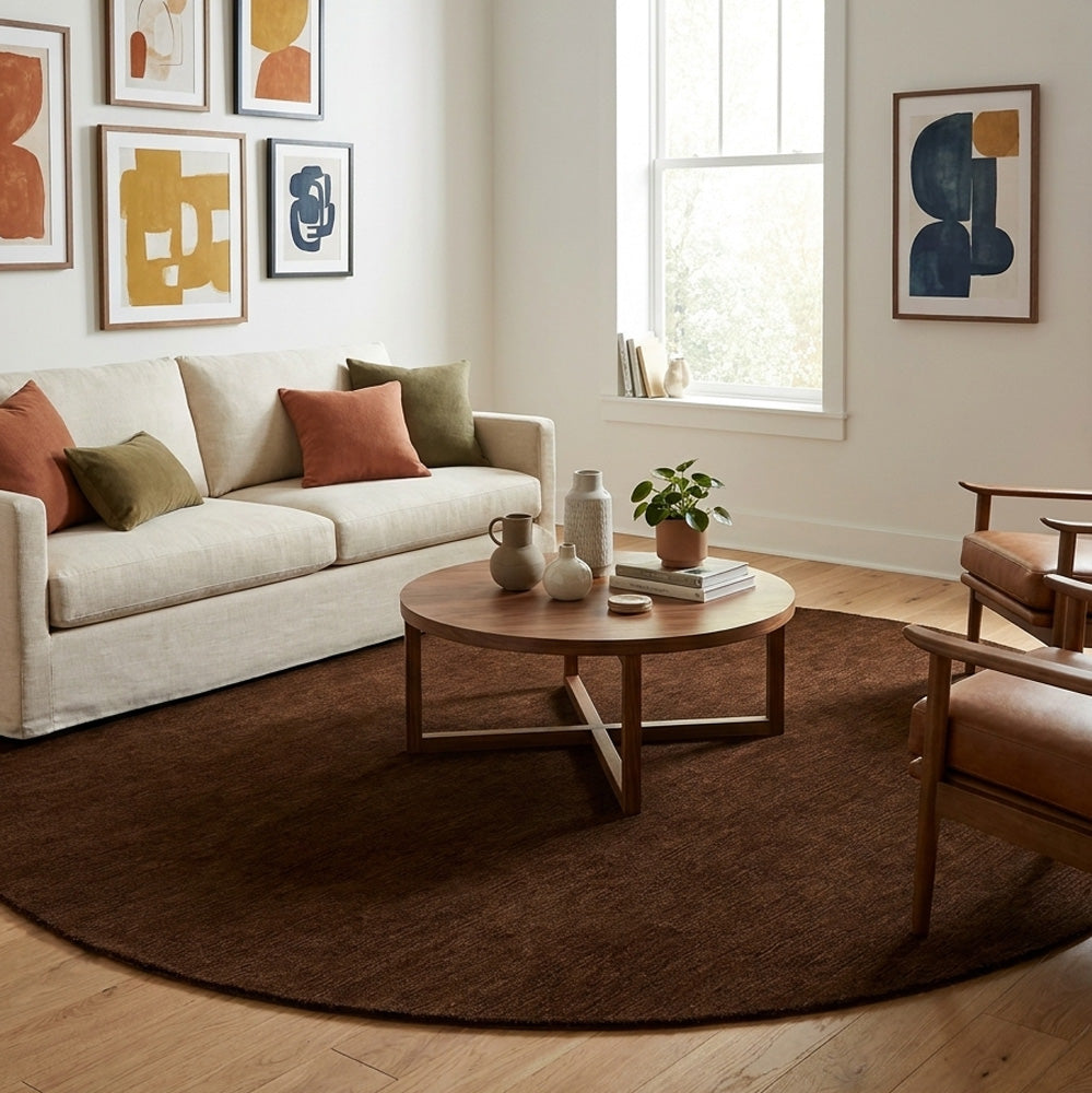 Deep brown round wool rug in modern living room