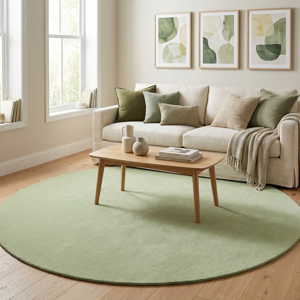 Living room with a round green rug