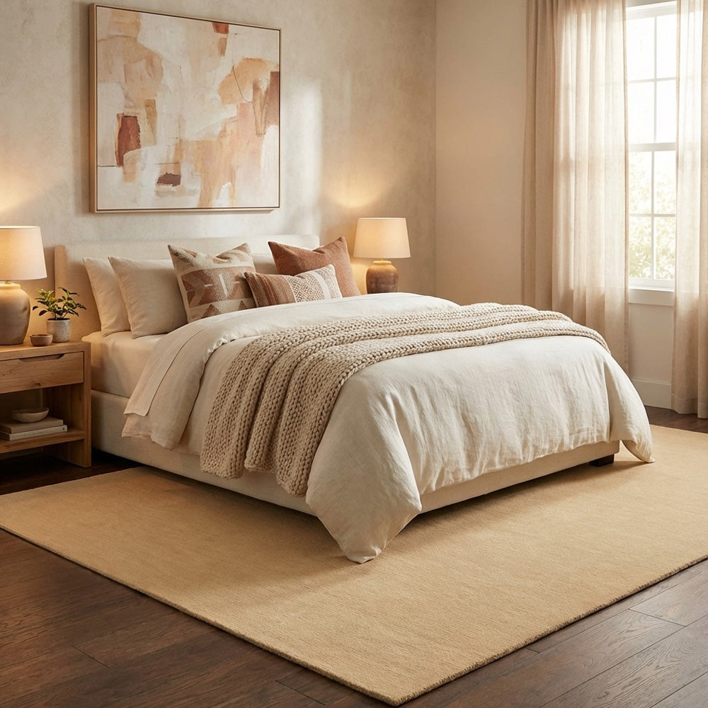 beige wool rug in modern bedroom