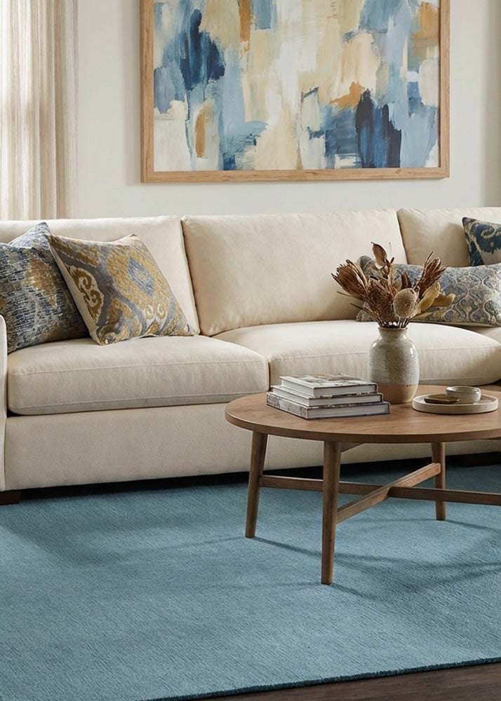 Velvet blue wool rug in modern living room