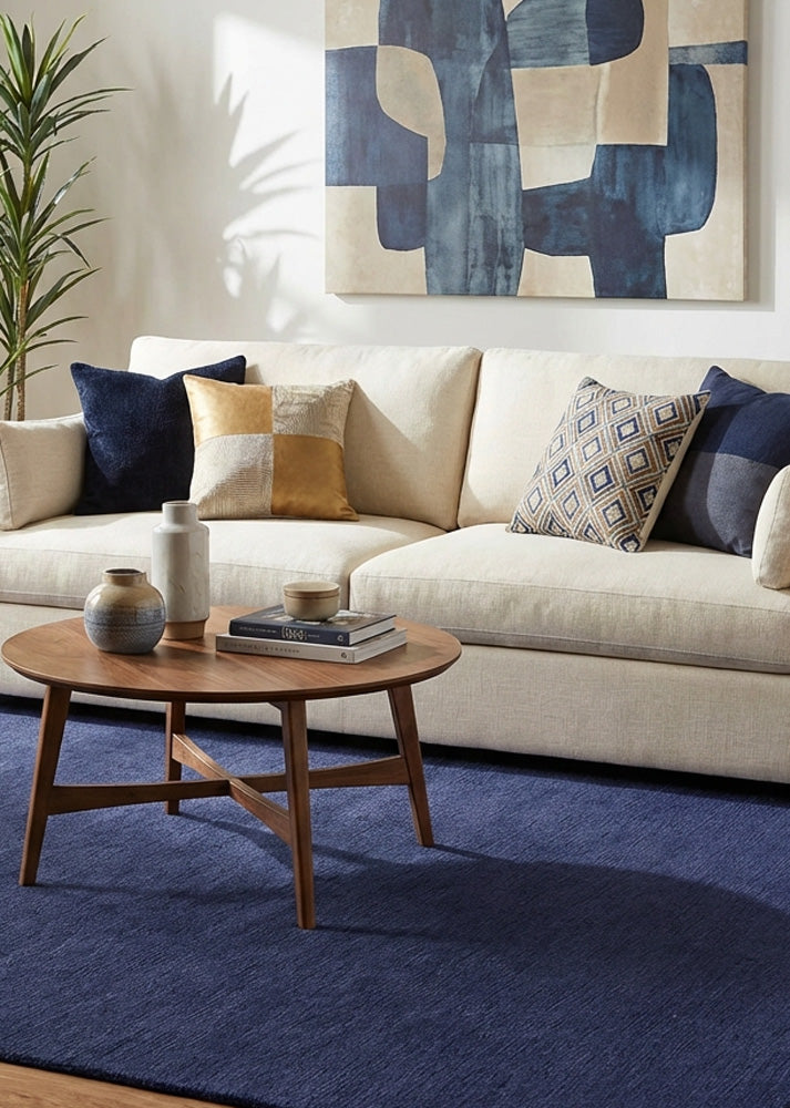 Navy blue wool rug in living room