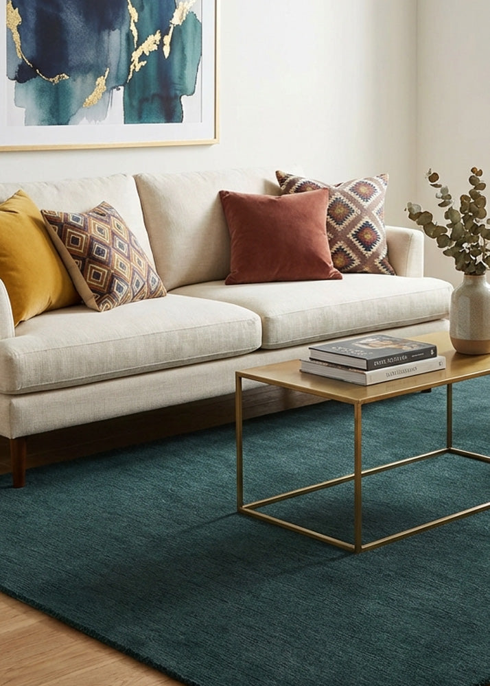 Teal blue wool rug in living room