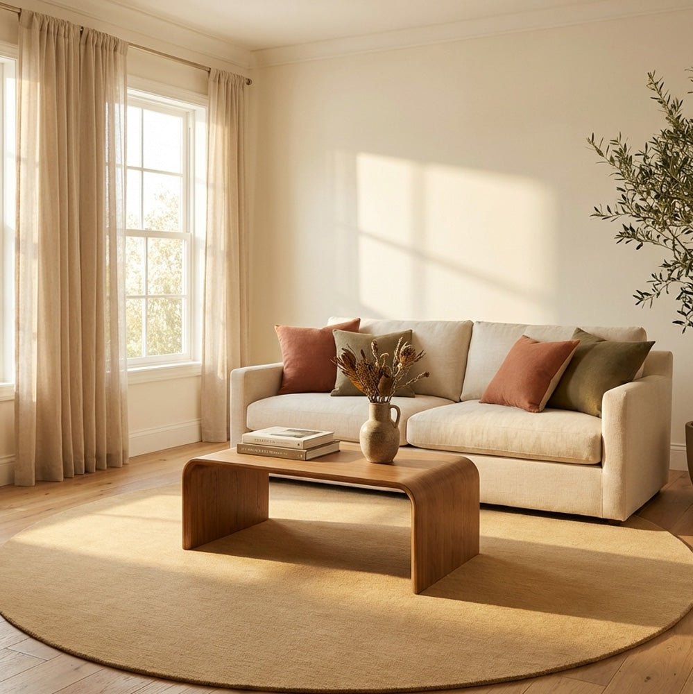 beige round wool rug in modern living room