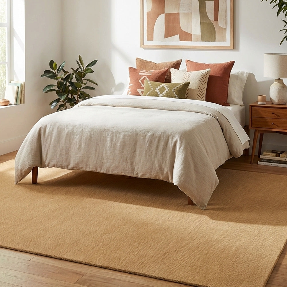 beige wool rug in bedroom