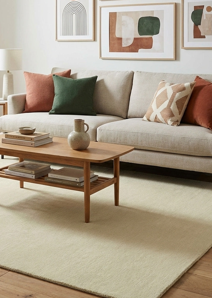 Hand tufted off white wool rug in living room