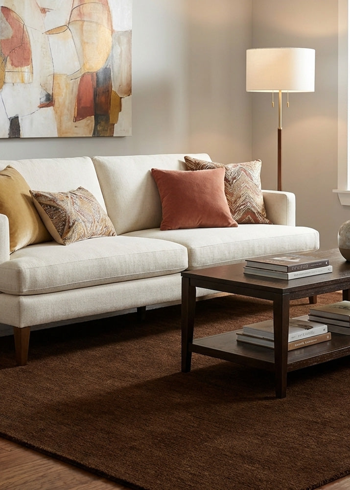 Deep brown wool rug in living room