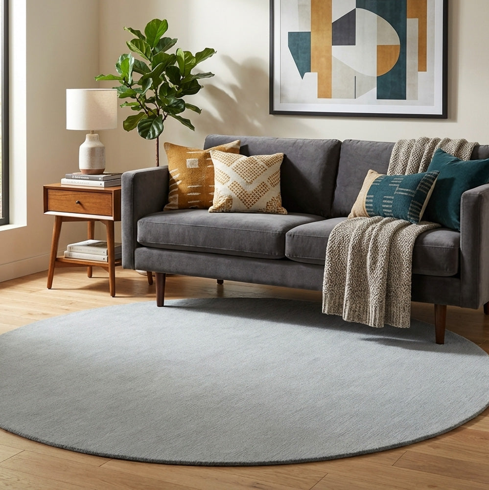 Light grey round wool rug in modern living room