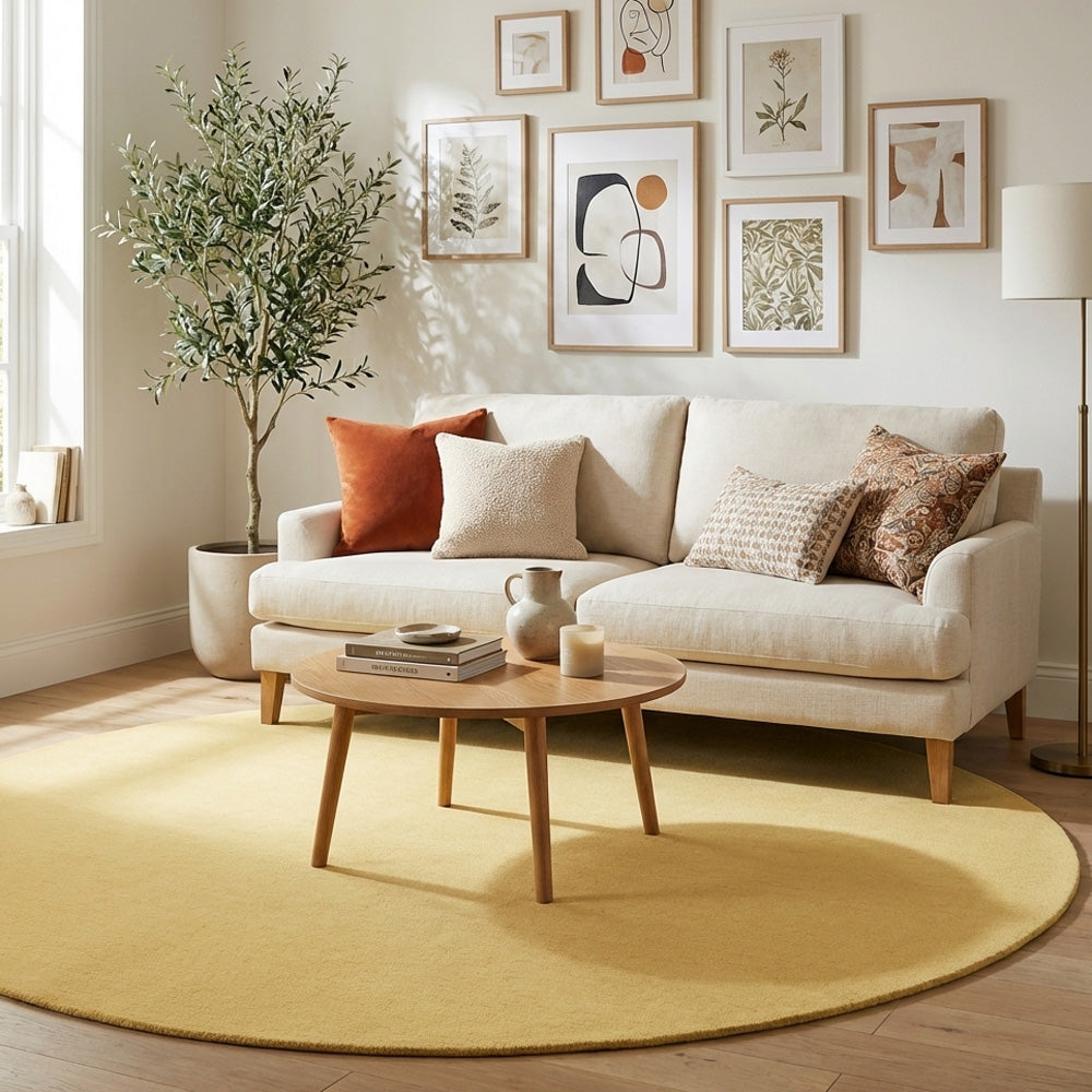 Pastel yellow round wool rug in modern living room
