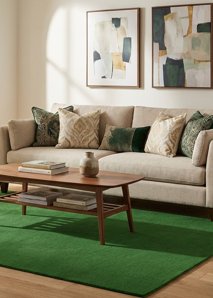 Forest green wool rug in modern living room