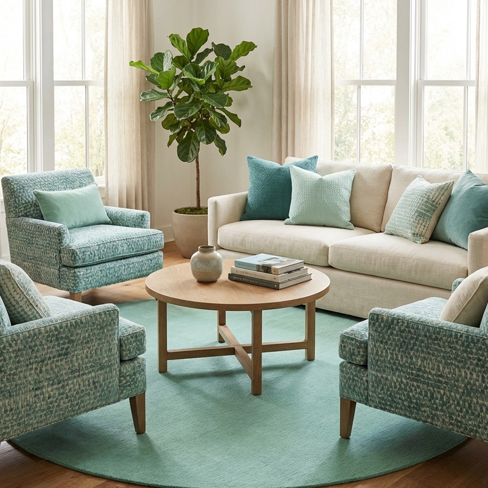 sky blue round wool rug in modern living room