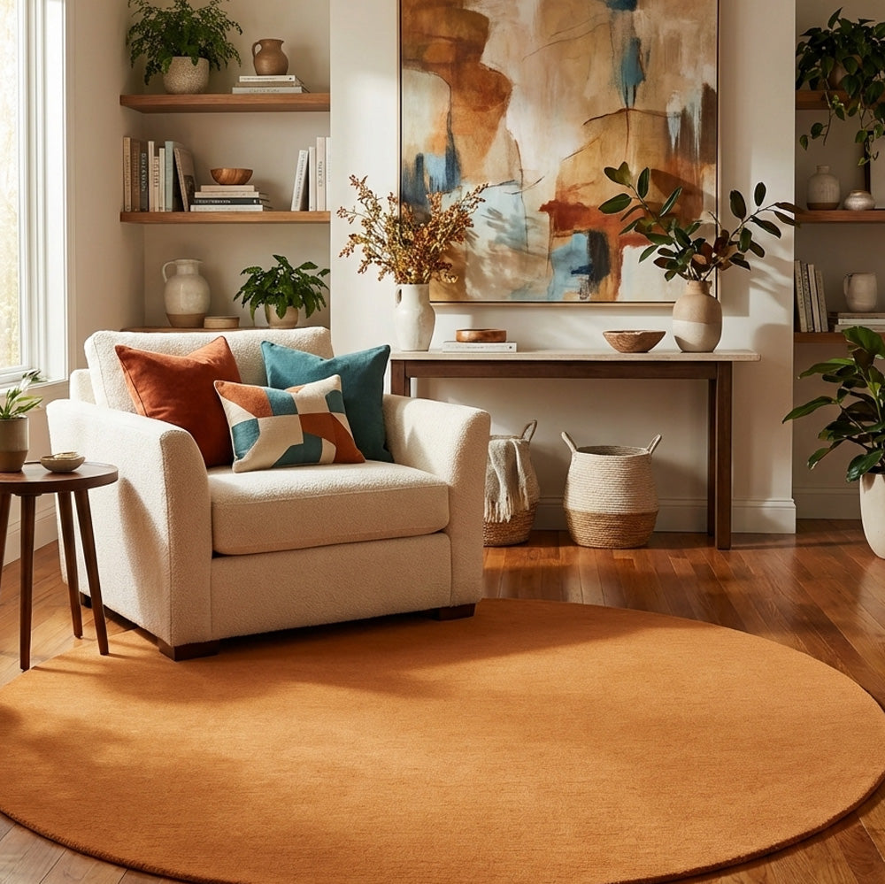orange round wool rug in rest room