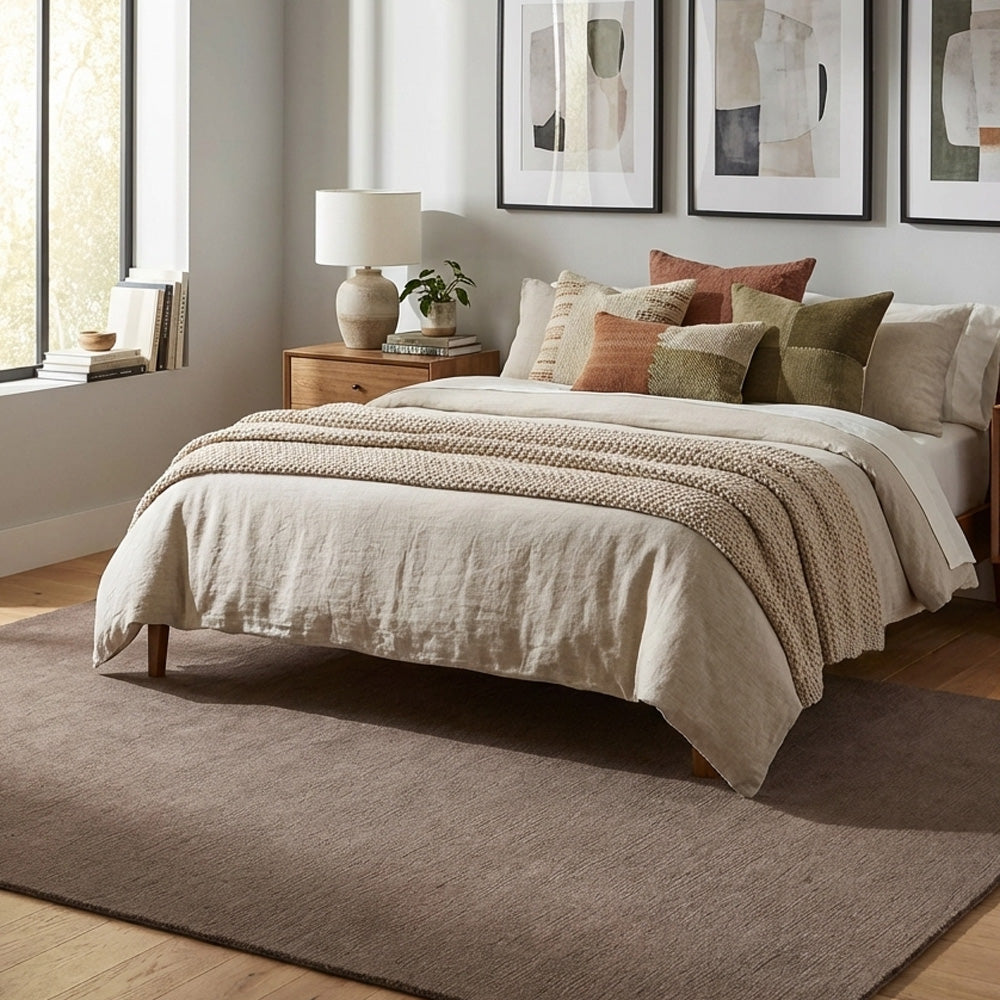 brown wool rug in modern bedroom