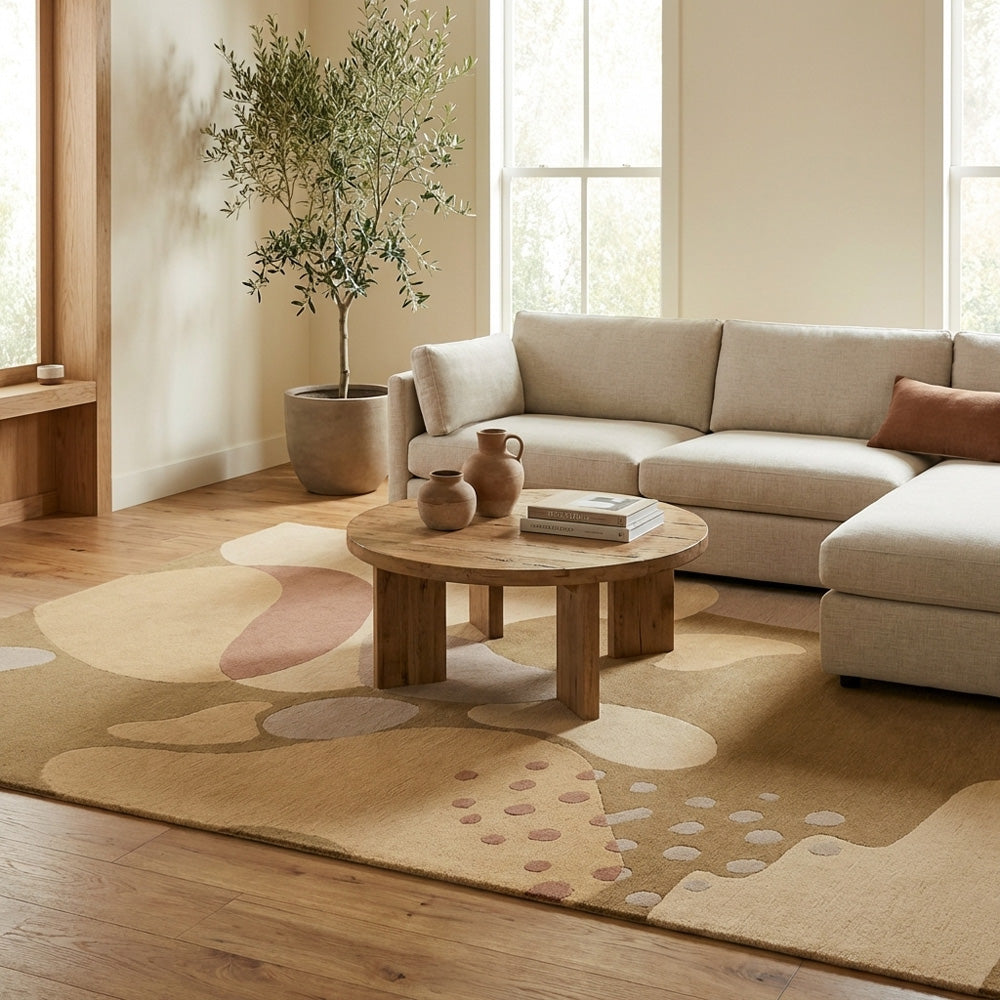 Stone Abstract Wool Rug hand-tufted in New Zealand wool with honey, beige, cream, camel, blush and warm sand organic abstract pattern.