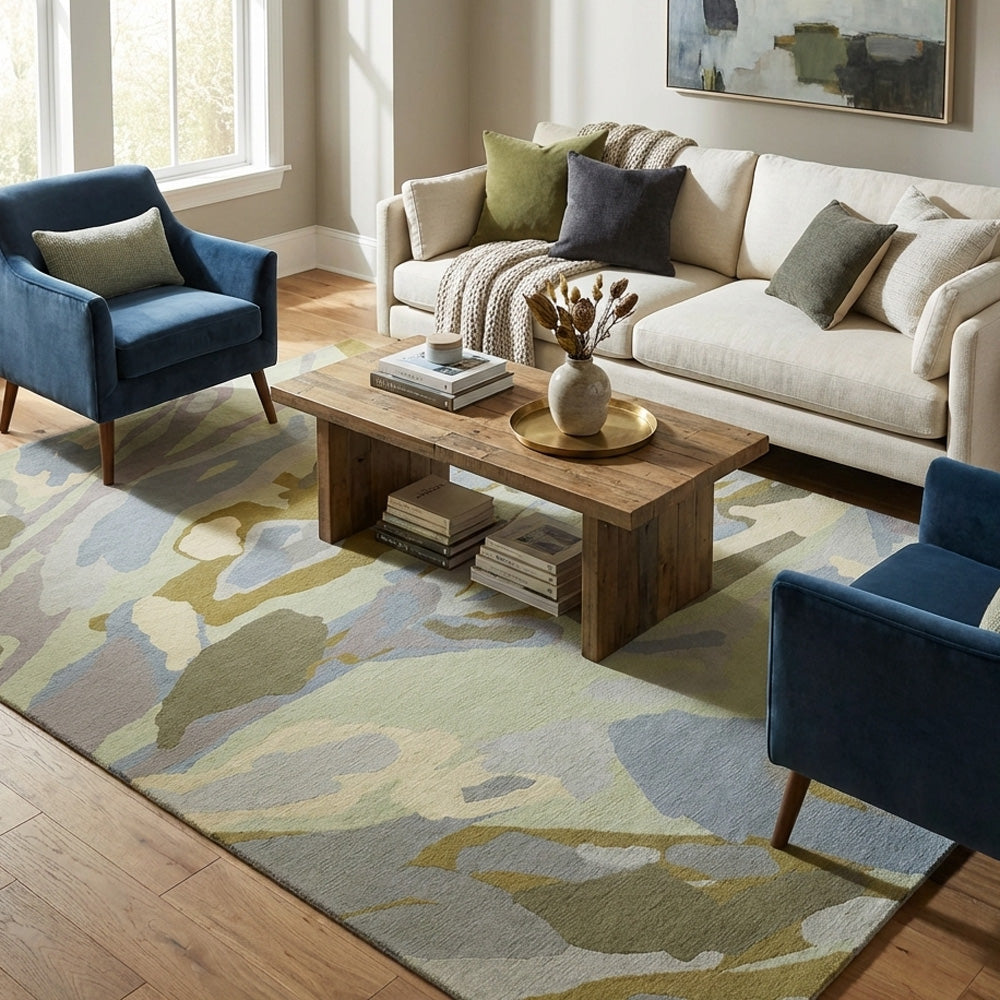 Earthscape Abstract Wool Rug hand-tufted in New Zealand wool with mist blue, sage, ivory, grey, taupe and muted gold organic pattern.