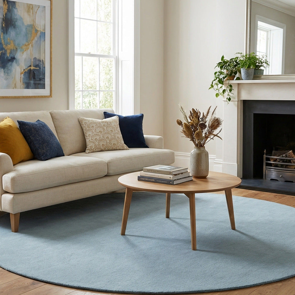 Blue round wool rug in modern living room