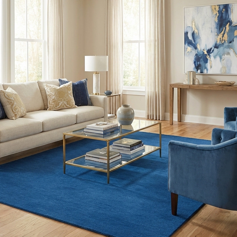 blue wool rug in modern living room