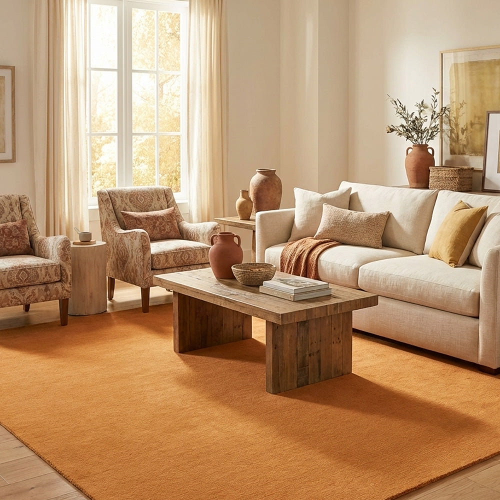 burnt orange wool rug in modern living room