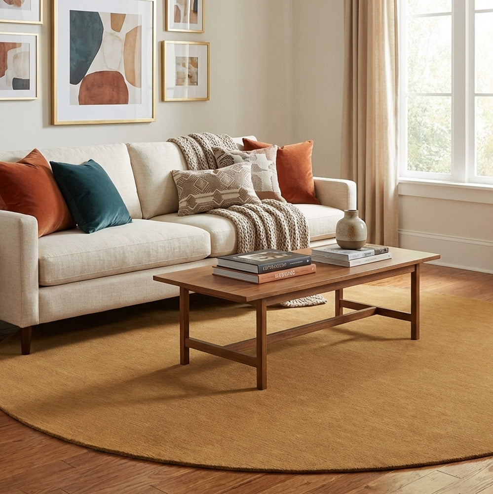 Earthy round wool rug in modern living room