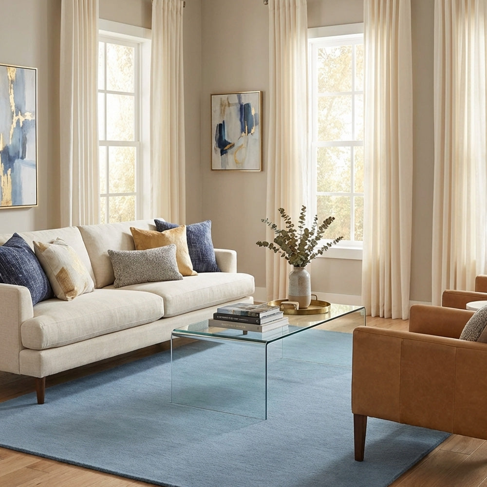 blue wool rug in modern living room