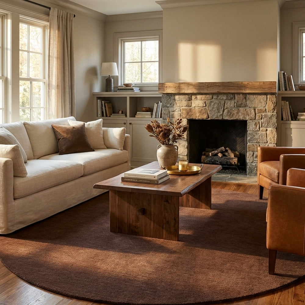Brown round wool rug in living room