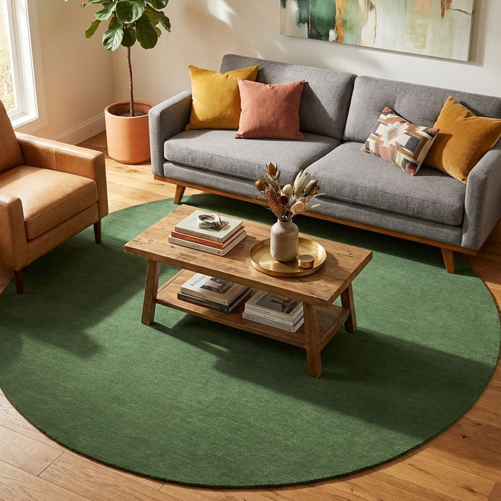 Green round wool rug in living room